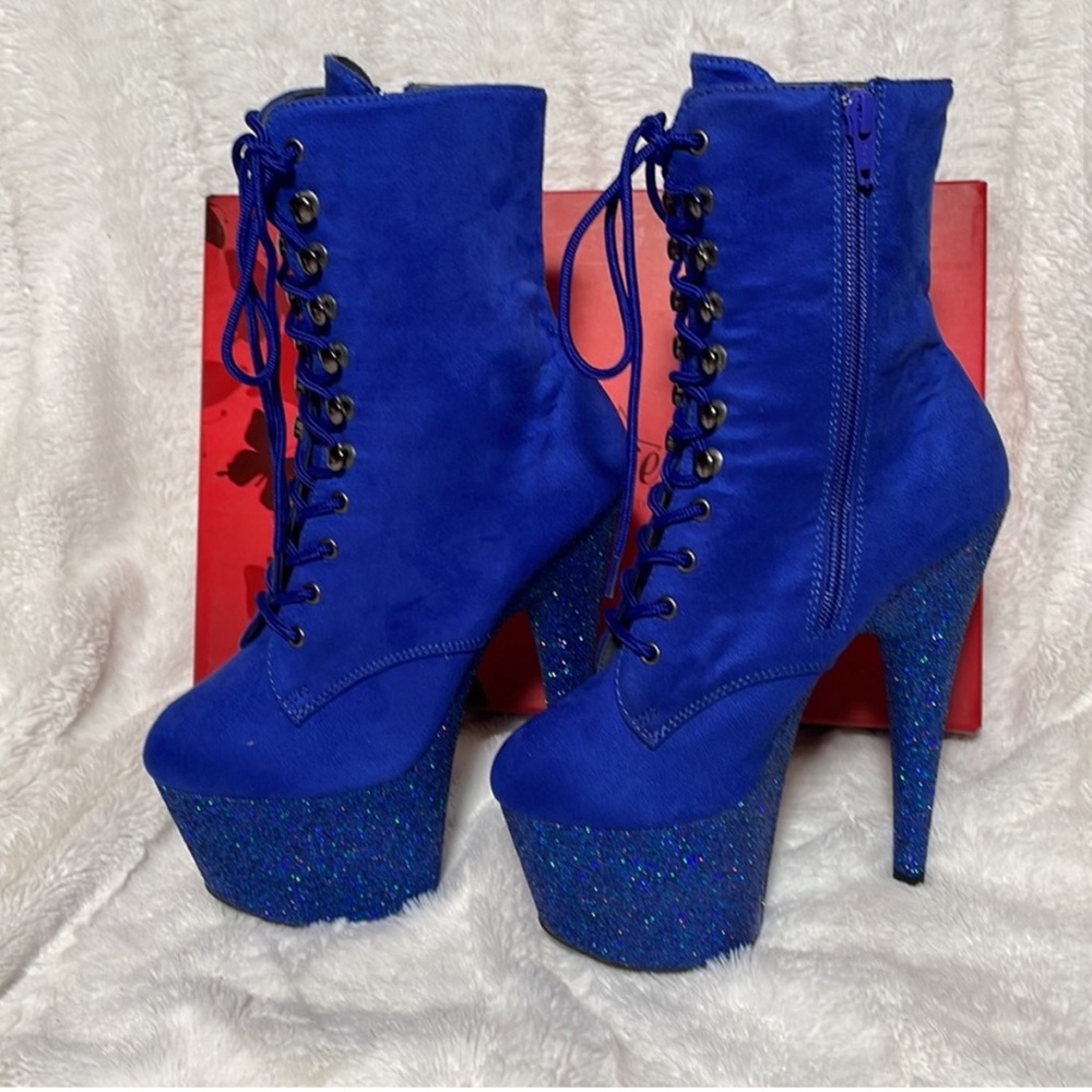 Pleaser Adore 1020FSMG Blue Suede and Glitter Platform Heels Boots Size 6